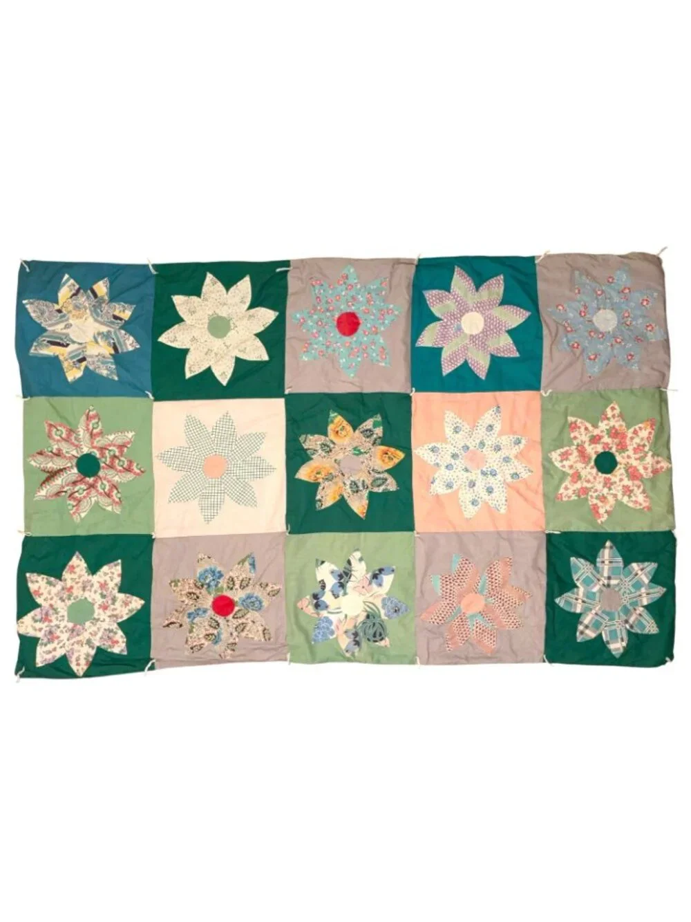 VTG Hand Tied Dresden Plate Dahlia Scrappy Quilt Throw Lap Blanket Cottagecore